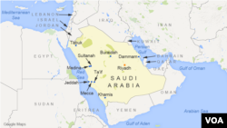 Peta Arab Saudi dan kota-kota, Riyadh, Jeddah, Mekkah, Medina, Sultanah, Dammam, Ta'if, Tabuk, Buraidah, dan Khamis