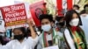 FILE - Myanmar citizens living in India protest the military coup in Myanmar and demand recognition of the National Unity Government of Myanmar, in New Delhi, Feb. 22, 2022. On Nov. 18, 2022, the National Unity Government prepared to open its first office in Washington.