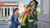 In this photo released by Xinhua News Agency, Cambodian Prime Minister Hun Manet lays a wreath at the Monument to the People's Heroes on the Tiananmen Square in Beijing on Thursday, Sept. 14, 2023. (Yue Yuewei/Xinhua via AP)