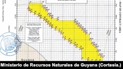 Fotocaptura del mapa descriptivo del bloque de explotación petrolera Stabroek, incluido como Anexo B en el contrato firmado por el gobierno de Guyana y el consorcio multinacional de ExxonMobil, Hess y CNOOC el 27 de junio de 2016.