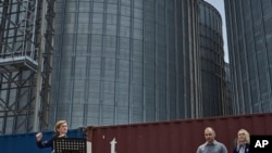 US Agency for International Development Administrator Samantha Power speaks during a news conference at the Port of Odesa, joined by Ukrainian Minister of Infrastructure Oleksandr Kubrakov and US Ambassador to Ukraine Bridget Brink in Odesa, Ukraine, July 18, 2023.