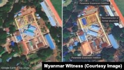 ภาพจาก Google Earth แสดงให้เห็นพื้นที่เรือนจำโมวจวา ในแคว้นสะกาย ในช่วงระหว่างปี 2020 และ 2023 ที่มีอาคารใหม่ ๆ เพิ่มขึ้นและมีการขยายอาณาเขต ดังที่ระบุในกรอบสีเหลืองและสีแดง ตามข้อมูลจาก marked in yellow and red boxes, respectively, by Myanmar Witness.