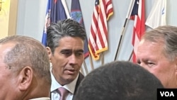 Surangel W. Whipps Jr., President of Palau, center, at a U.S. congressional hearing on July 18, 2023. (Natalie Liu/VOA)