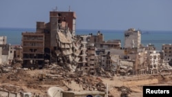 A view shows destroyed buildings in the aftermath of the the deadly storm that hit Libya, in Derna, Libya Sept. 21, 2023.