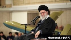 This handout picture provided by the office of Iran's Supreme Leader Ayatollah Ali Khamenei shows him meeting with Iranian air force commanders in Tehran, Feb. 5, 2024. 