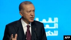 Le président turc Recep Tayyip Erdogan s'exprime lors de la deuxième journée du Sommet mondial des gouvernements à Dubaï, le 13 février 2024. (Photo par Ryan LIM / AFP)