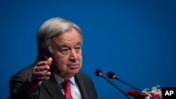 U.N. Secretary-General Antonio Guterres, addresses the Nepalese Parliament in Kathmandu, Nepal, Oct. 31, 2023, the same day he stated his concerns about the civilians suffering because of the war between Israel and Hamas.