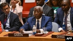 Le Premier ministre gabonais Raymond Ndong Sima lors d'une réunion du Conseil de sécurité sur la situation en Ukraine, le 20 septembre 2023.