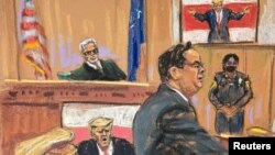 En este boceto de la sala del tribunal, el expresidente Donald Trump observa mientras el fiscal Joshua Steinglass muestra un videoclip durante el juicio penal por cargos de que falsificó registros comerciales para ocultar pagos de silencio, en Nueva York, el 28 de mayo de 2024.