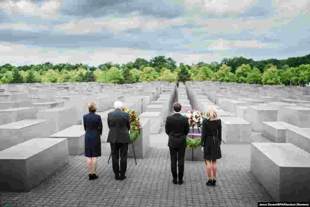 French President Emmanuel Macron, German President Frank-Walter Steinmeier and first ladies Brigitte Macron and Elke Buedenbender visit Berlin's Holocaust Memorial dedicated to the six million Jews murdered by the Nazis, in Berlin.