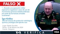 El teniente general Ígor Kirillov, comandante de la fuerza de protección radiológica, química y biológica del ejército ruso, afirmó que Kiev utilizó armas químicas estadounidenses contra las tropas rusas. Esto es parte de una desinformación.