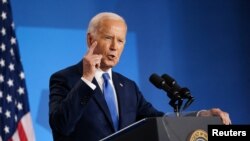 美國總統拜登在北約成立75週年峰會期間舉行記者會。 (2024年7月11日)