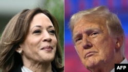 Esta composición muestra a la vicepresidenta de EEUU, Kamala Harris, en el jardín sur de la Casa Blanca el 22 de julio de 2024, y al expresidente y candidato presidencial republicano para 2024, Donald Trump, en Milwaukee, Wisconsin, el 18 de julio de 2024.