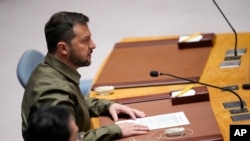FILE - Ukrainian President Volodymyr Zelenskyy speaks during a high-level Security Council meeting on Ukraine, Sept. 20, 2023, at United Nations headquarters.