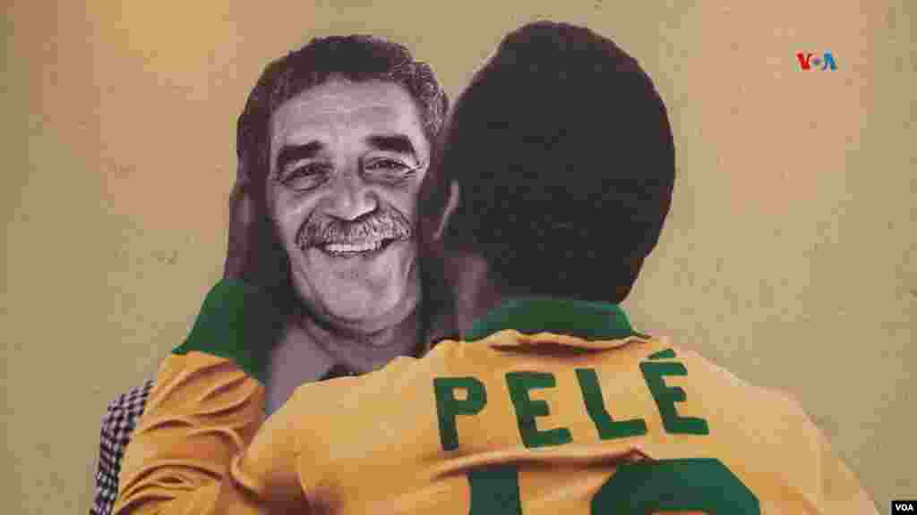 Una fotografía de Gabriel García Márquez y Pele en el stand de Brasil, la foto también hizo parte de uno de los obsequios que le entregó el presidente brasileño Luiz Inácio Lula da Silva a su homólogo Gustavo Petro. 