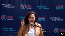 ARCHIVO - La vicepresidenta Kamala Harris da un discurso en la Marcha de las Mujeres en Los Ángeles, el 15 de abril de 2023.