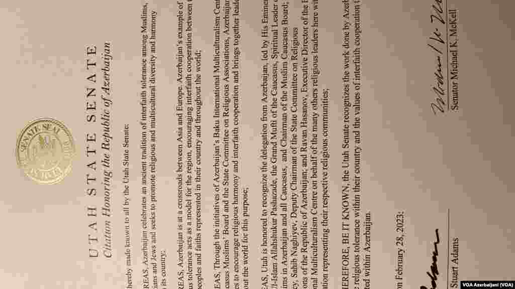 Yuta ştatının Senatında Azərbaycanda dini tolerantlıq, multikulturalizm ənənəsi və dinlərarası harmoniyanın qorunması ilə bağlı bəyannamə qəbul edilib.