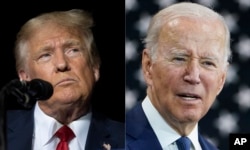 ARCHIVO - Esta combinación de fotografías muestra al expresidente Donald Trump, a la izquierda, en un evento en Minden, Nevada, el 8 de octubre de 2022, y al presidente Joe Biden, a la derecha, en un evento en Hagerstown, Maryland, el 7 de octubre de 2022.