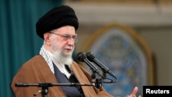 FILE - Iran's Supreme Leader Ayatollah Ali Khamenei speaks in Tehran, Iran, April 18, 2023. (Office of the Iranian Supreme Leader/WANA via Reuters)
