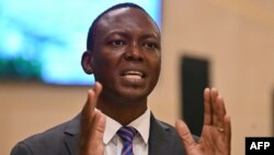 FILE - Succes Masra, president of the Transformers, a Chadian opposition party, is pictured during a briefing after a meeting with representatives of the African Union mission, May 3, 2021, in N'Djamena, Chad.