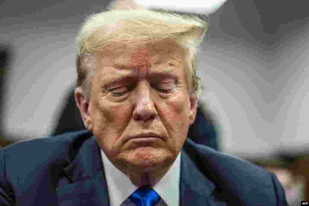 Former U.S. president and Republican presidential candidate Donald Trump attends his criminal trial at Manhattan Criminal Court in New York City.