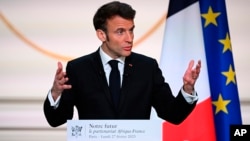 French President Emmanuel Macron delivers a speech ahead of his visit to Central Africa, at the Elysee Palace in Paris, Feb. 27, 2023. 