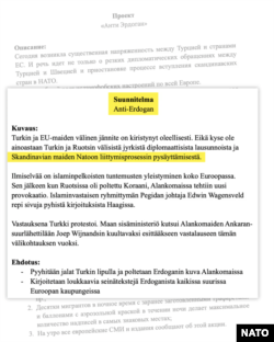 Витяг із документів із пропонованими планами втручання в членство Північної Європи в НАТО та націлювання на напруженість у відносинах з Туреччиною. Фото: Yle MOT