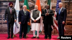 Izquierda a derecha, presidente del Banco Mundial, Ajay Banga, presidente de Brasil, Luiz Lula da Silva, primer ministro indio, Narendra Modi, presidente sudafricano, Cyril Ramaphosa, y presidente de EEUU, Joe Biden, en en Nueva Delhi, India, el sábado. 9 de septiembre de 2023. 