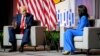 Republican presidential nominee and former U.S. President Donald Trump, left, speaks as he faces Rachel Harris of ABC News during a panel at the National Association of Black Journalists convention in Chicago, Illinois, July 31, 2024. 