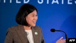 美國貿易代表戴琪在底特律舉行的亞太經合組織貿易部長會議上致辭。（2023年5月26日）
