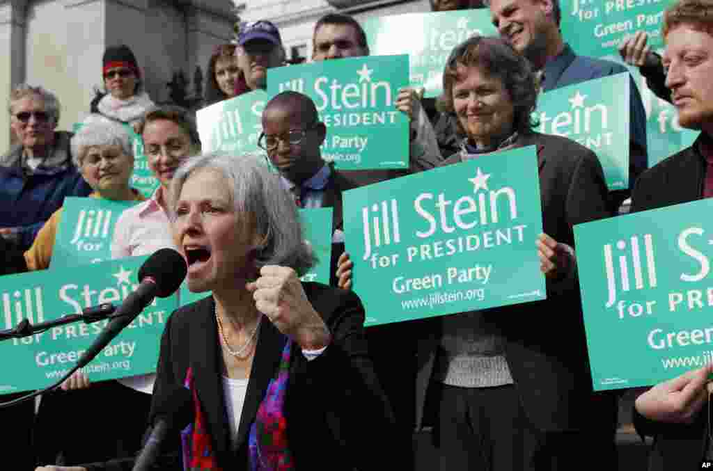 También en 2016, Jill Stein, del Partido Verde, alcanzó unos 1,4 millones de votos, aumentando a la división política del momento. Stein no logró ningún voto del Colegio Electoral.
