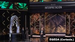 El actor argentino Ricardo Darín tras ser galardonado en la categoría de mejor interpretación por la película "Argentina, 1985" durante la ceremonia de los Premios Platino que se celebraron este 22 de abril en Madrid, España.