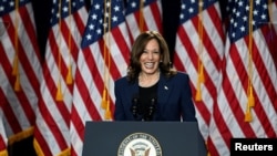 U.S. Vice President Kamala Harris reacts during a campaign event at West Allis Central High School, in West Allis, Wisconsin, July 23, 2024.