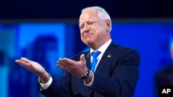 Democratic vice presidential nominee Minnesota Gov. Tim Walz speaks during the Democratic National Convention, in Chicago, Aug. 21, 2024.