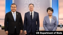 토니 블링컨 미 국무장관과 박진 한국 외교장관, 가미카와 요코 일본 외무상이 지난달 아시아태평양경제협력체(APEC) 회의가 열리는 미국 샌프란시스코에서 회담했다.