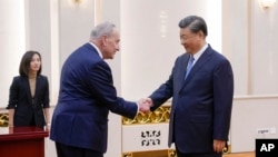 中国领导人习近平在北京人大会堂会晤到访的美国国会参议院多数党领袖查克·舒默。（2023年10月9日）