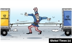 Карикатуру опубліковано в китайському виданні Global Times 11 жовтня 2023 року. Автор малюнка ставить під сумнів здатність США допомогти Ізраїлю та Україні