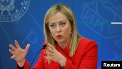 FILE - Italian Prime Minister Giorgia Meloni speaks in Rome, Italy. 