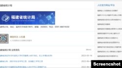 从国外已经无法进入福建省统计局的网站。该图是网页截屏，本网站小编试图点击蓝色背景的“福建省统计局”链接，鼠标下即出现一黄色可点击指示，但任何链接所指向的都是一空白页面。