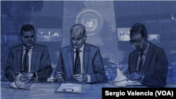 Ilustración que referencia la firma del Acuerdo de Ginebra de 1966 entre representantes de Venezuela, el Reino Unido y la Guayana Británica. Voz de América.