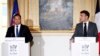 French President Emmanuel Macron and Cambodian Prime Minister Hun Manet give a joint statement during their meeting at the Elysee Palace in Paris, Jan.18, 2024.