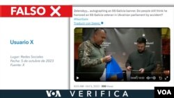 Es falso que el presidente de Ucrania fiermara una bandera con la División Galicia.