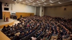 In a photo posted on his Telegram channel, Ukrainian President Volodymyr Zelenskyy speaks at the National Defense University in Washington, Dec. 11, 2023.