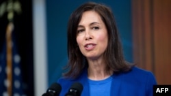 FILE - Jessica Rosenworcel, chairwoman of the U.S. Federal Communications Commission (FCC), speaks in Washington, Feb. 14, 2022.