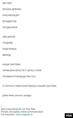 Tekst upućene prijetnje