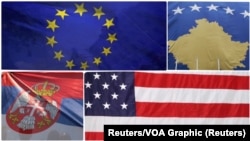 Obeležja Srbije, Kosova, Evropske unije i Sjedinjenih Država (Foto: Reuters/VOA Graphic)