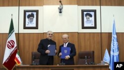 علی اکبرصالحی رئیس سازمان انرژی اتمی ایران (چپ) به همراه یوکیو آمان رئیس آژانس بین المللی انرژی اتمی (راست) در تهران - ۱۱ نوامبر ۲۰۱۳
