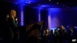 Democratic Congresswoman Ilhan Omar speaks to supporters at an election night party after winning reelection early Wednesday morning, Nov. 9, 2022, in St. Paul, Minnesota.