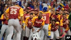 Los compañeros de equipo animan a Anthony Santander (25) de Venezuela después de conectar un jonrón en el partido del Clásico Mundial de Béisbol contra Puerto Rico, el domingo 12 de marzo de 2023, en Miami . (Foto AP/Wilfredo Lee)