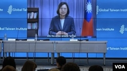 在全球枱灣研究中心(GTI)以“美台關係：推進基於規則的國際秩序”為主題的年會上，台灣總統蔡英文發表預先錄製的視頻講話。(2022年10月5日)